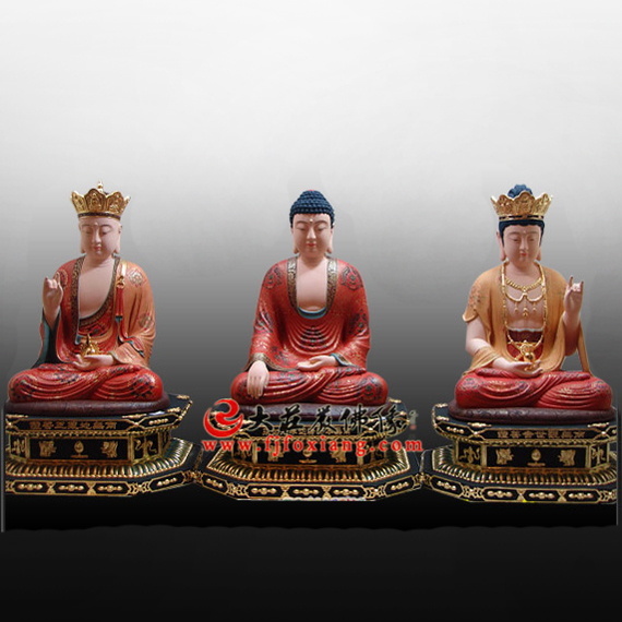 铜雕娑婆三圣彩绘佛像,娑婆三圣,释迦牟尼佛,地藏菩萨,观世音菩萨,铜雕佛像,佛像厂家