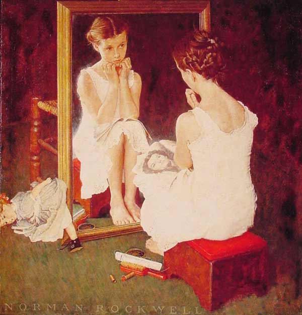 《镜中少女》天真无邪的小女孩，穿著白色睡裙，坐在镜子前，歪着头端详自己的面容。她的膝头敞开一页女影星的照片，脚旁散置着一只口红与两把梳子，与镜旁倒卧着的布娃娃遥相对应。